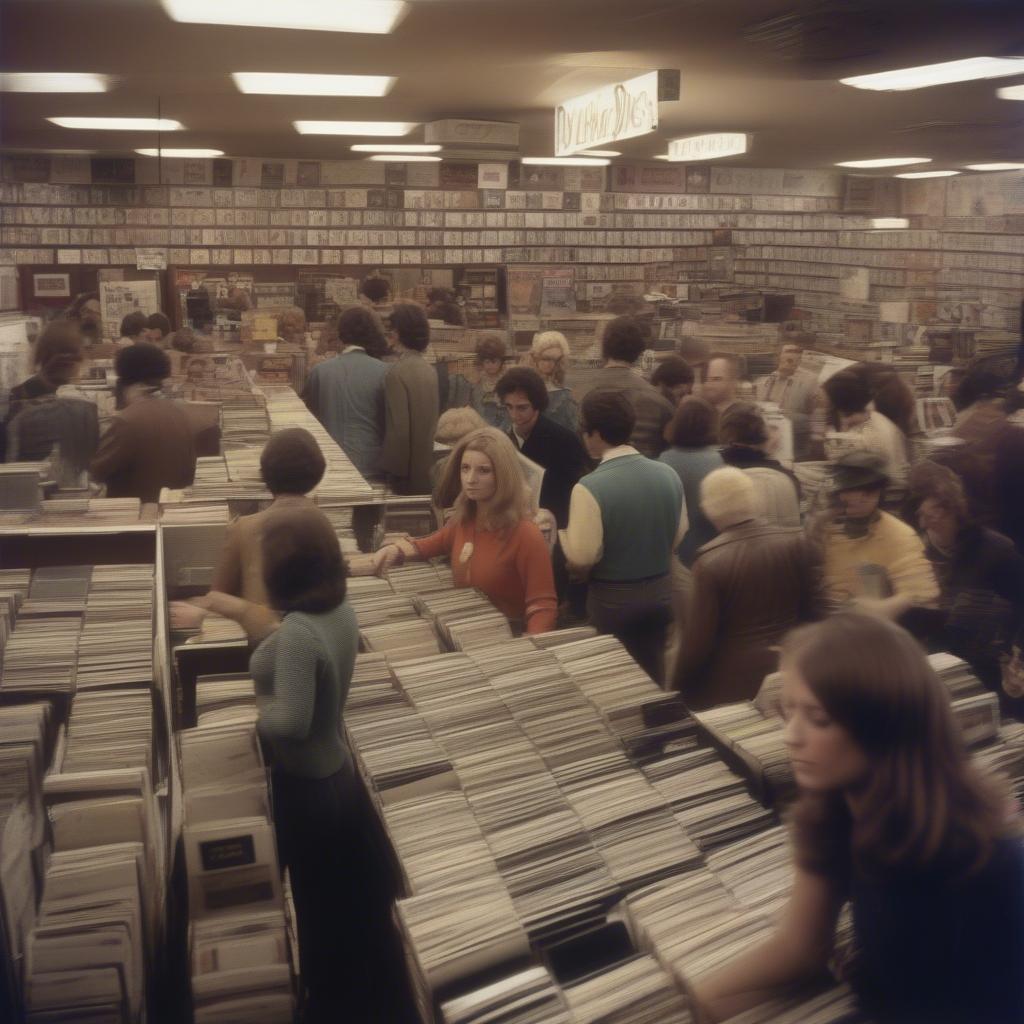 People browsing records in a 1969 record store