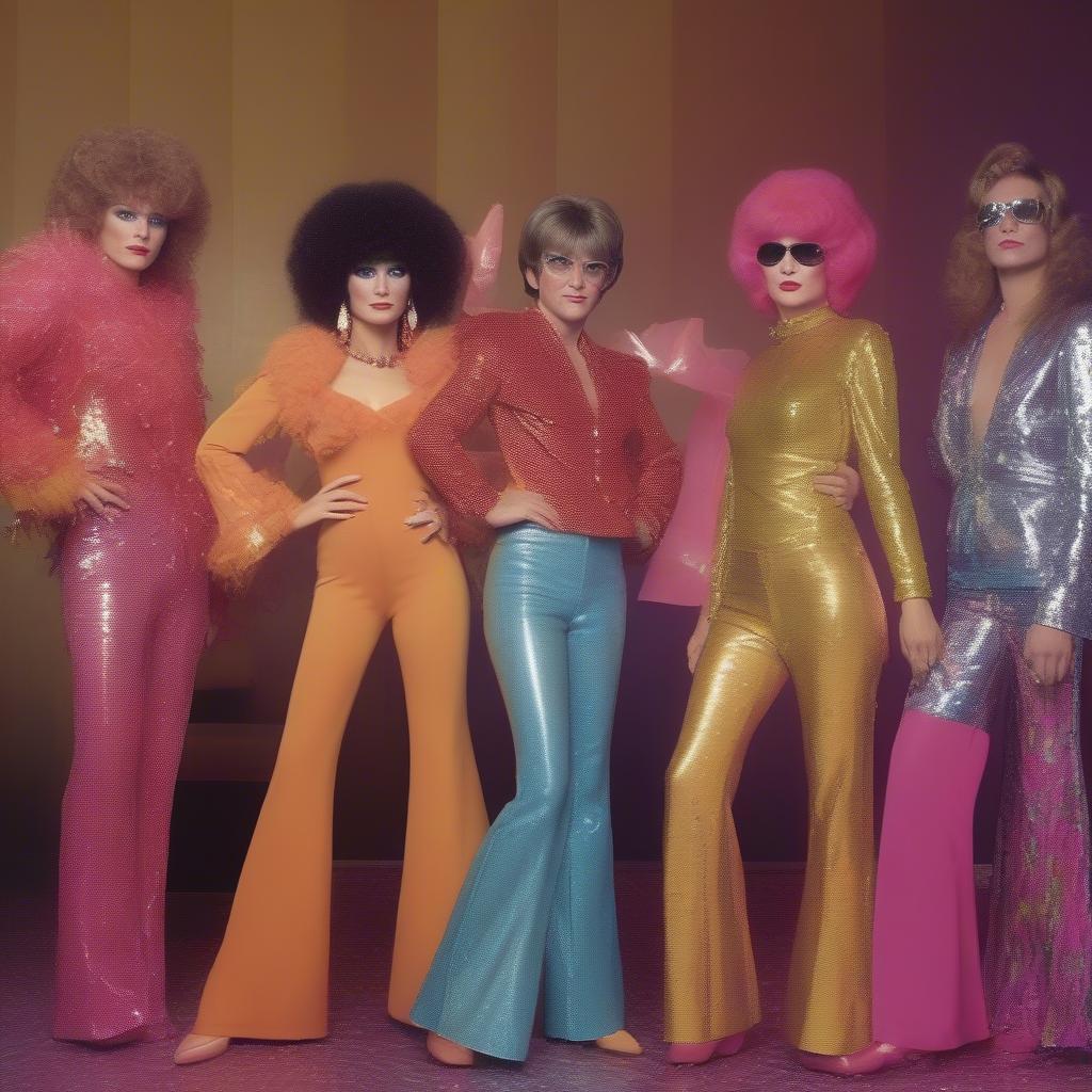 People dressed in 1970s disco fashion