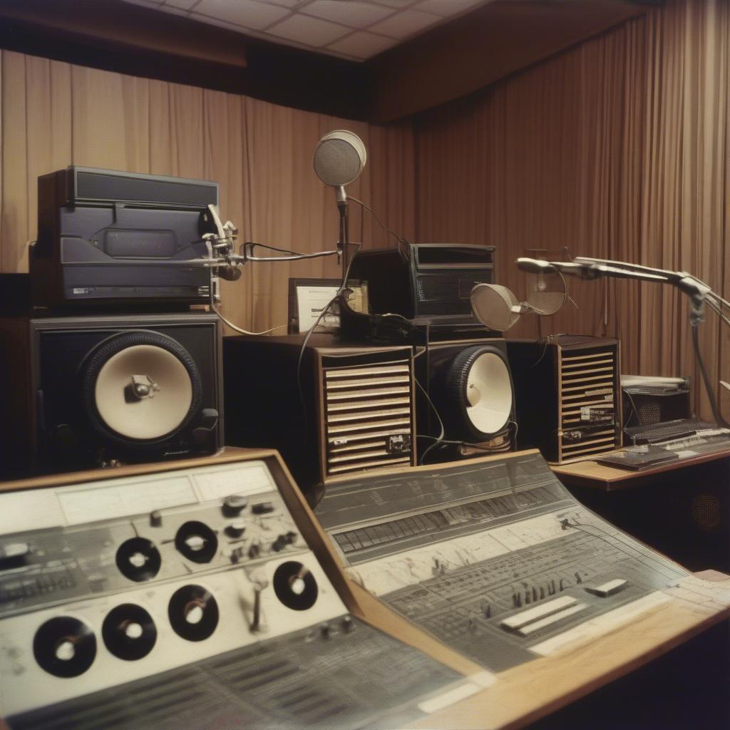 Radio broadcast studio with a focus on the era's technology.