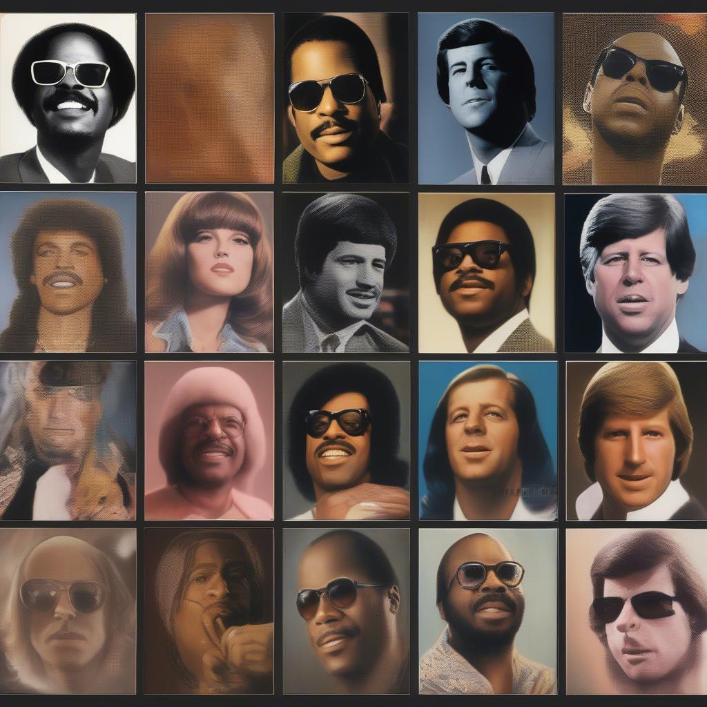 Iconic Artists of 1974: A collage featuring portraits of Stevie Wonder, John F. Kennedy, and ABBA, highlighting their significant contributions to the music scene.