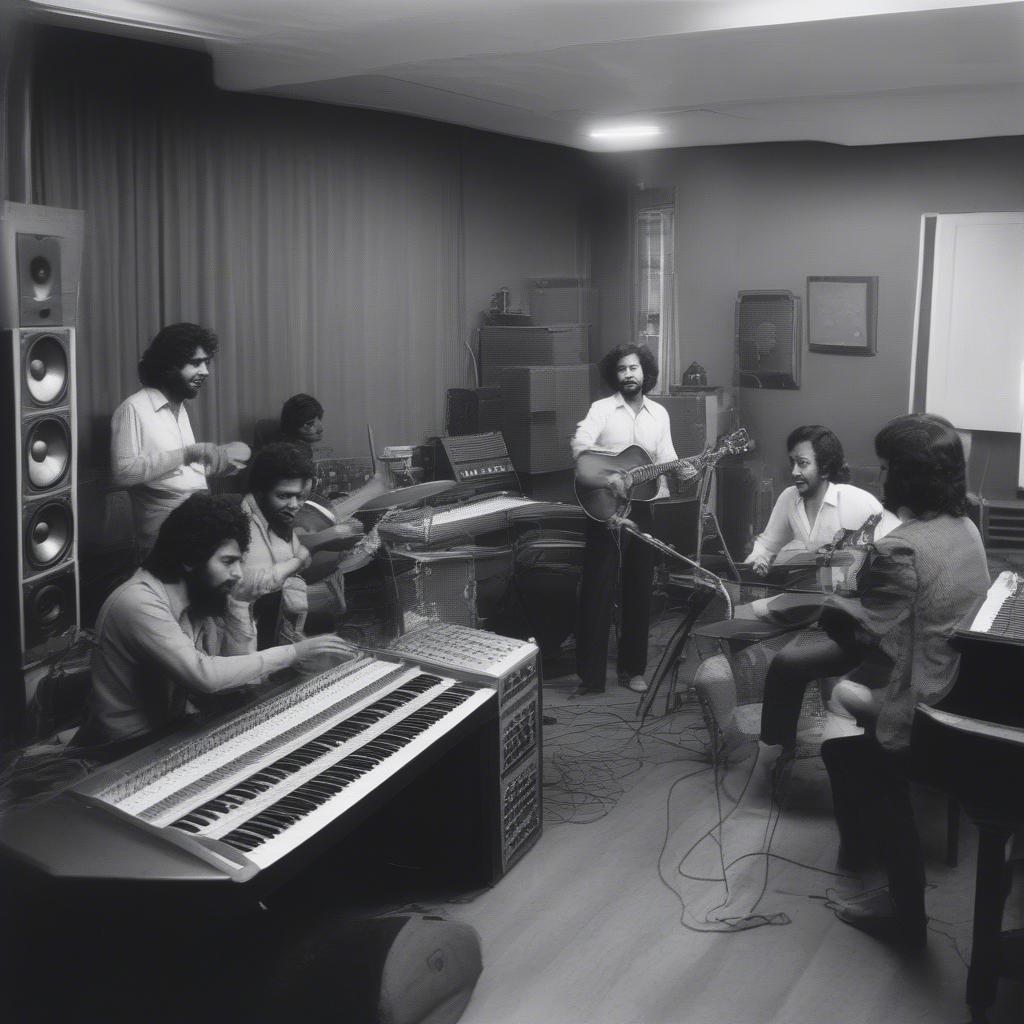 The Vibrant 1975 Hindi Film Music Scene: A Photo Depicting Musicians in a Recording Studio