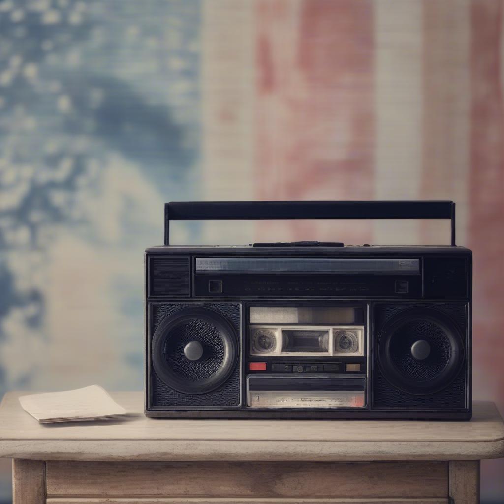 1980s Love Songs Cassette Tape: Image of a cassette tape with the label "1980s Love Songs" lying next to a boombox.