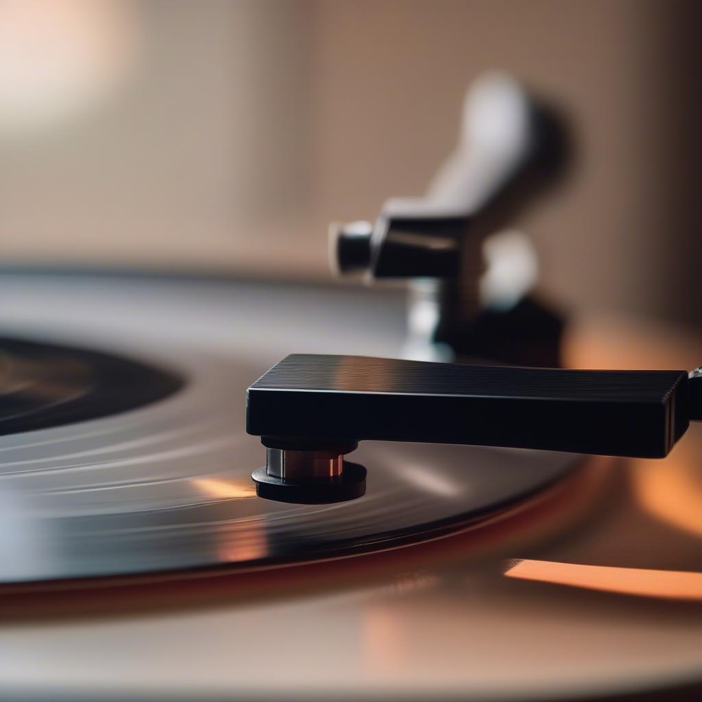 1980s Love Songs Vinyl Record: Close-up of a vinyl record playing a classic 1980s love song on a turntable.