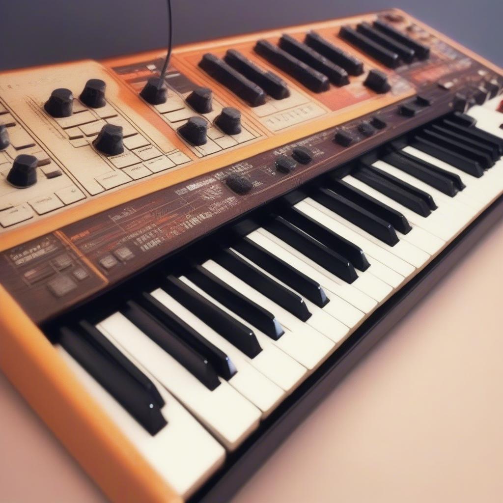 Synthesizer keyboard in a 1980s recording studio