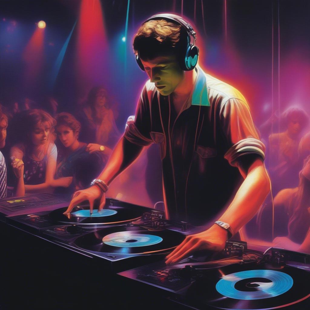 A DJ in a 1983 club, wearing headphones and manipulating vinyl records on turntables, surrounded by flashing lights.