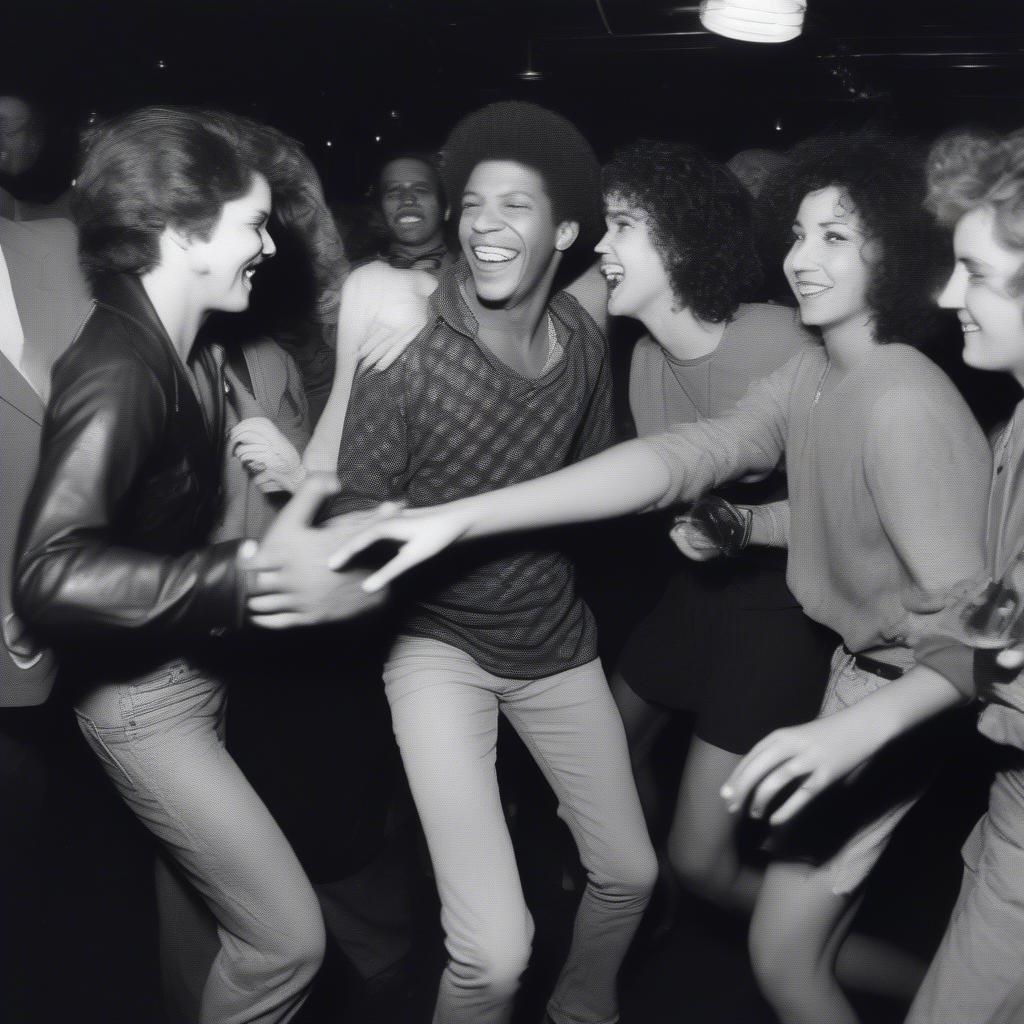 A group of friends enjoying themselves in a 1983 club, smiling and dancing to the music.