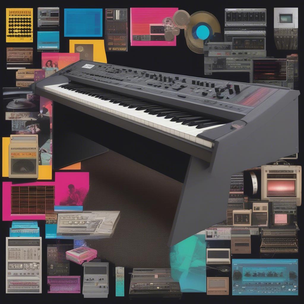 A collage showcasing the influence of synthesizers and MTV in 1983