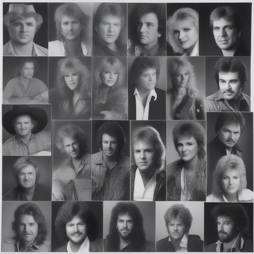 1985 Country Music Artists: Black and white portraits of various country music stars of 1985, capturing their individual styles and personalities.