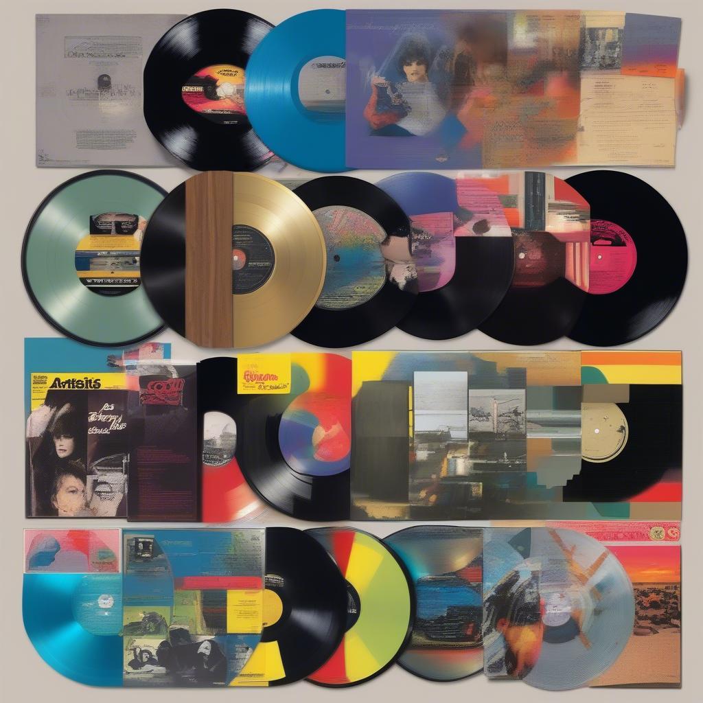 A collection of vinyl records from the top hits of 1985.