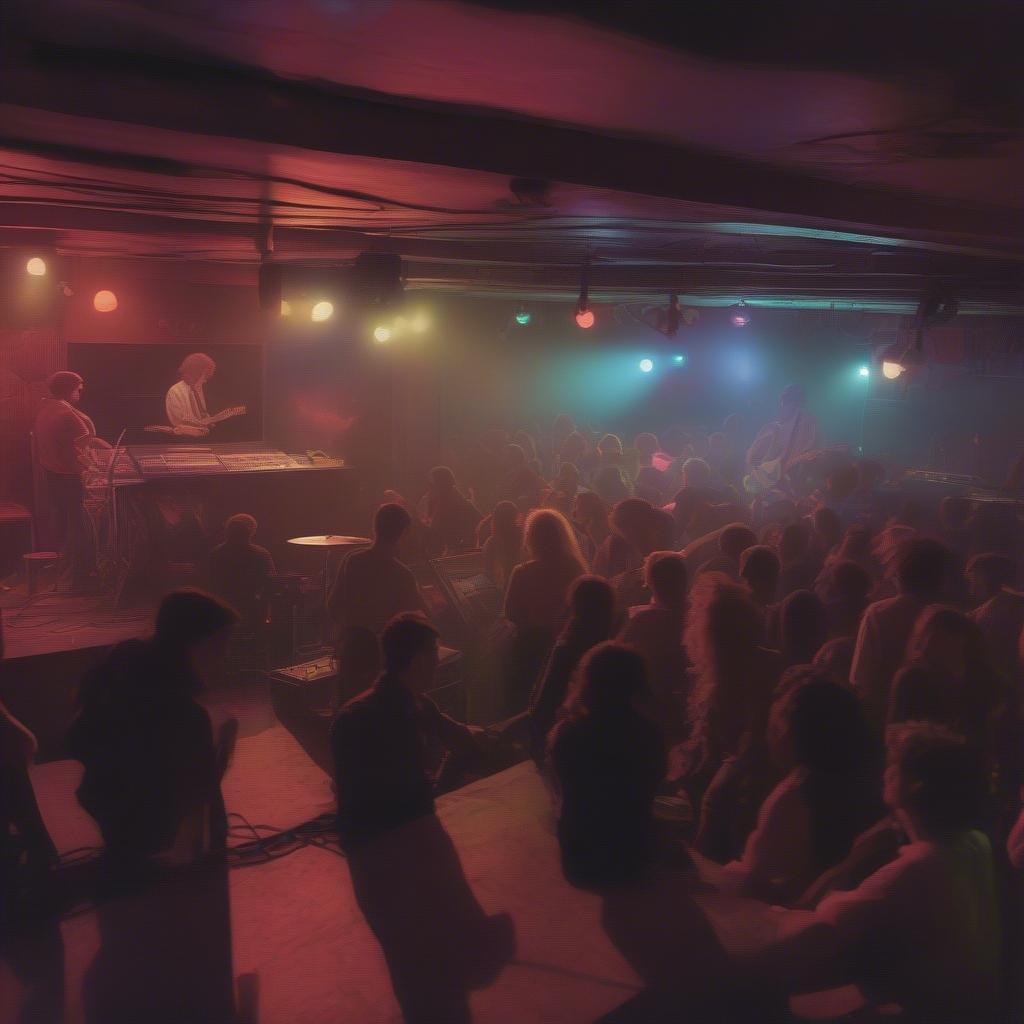 A dimly lit underground music venue with a band performing and a small crowd enjoying the music. 