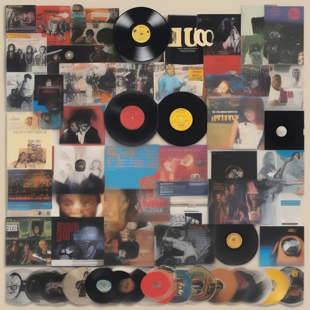 A collection of vinyl records from various music genres popular in 1989, including pop, rock, and hip-hop.