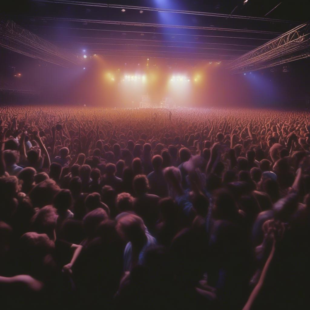 1997 Rock Concert Crowd: A vibrant photo of a large crowd at a rock concert, with the stage lights illuminating the enthusiastic fans.