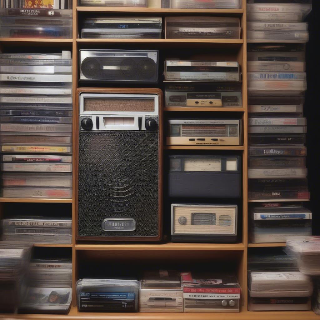 1997 Rock Radio: A retro radio with the dial tuned to a popular rock station, surrounded by cassette tapes and CDs of top hits from that year.