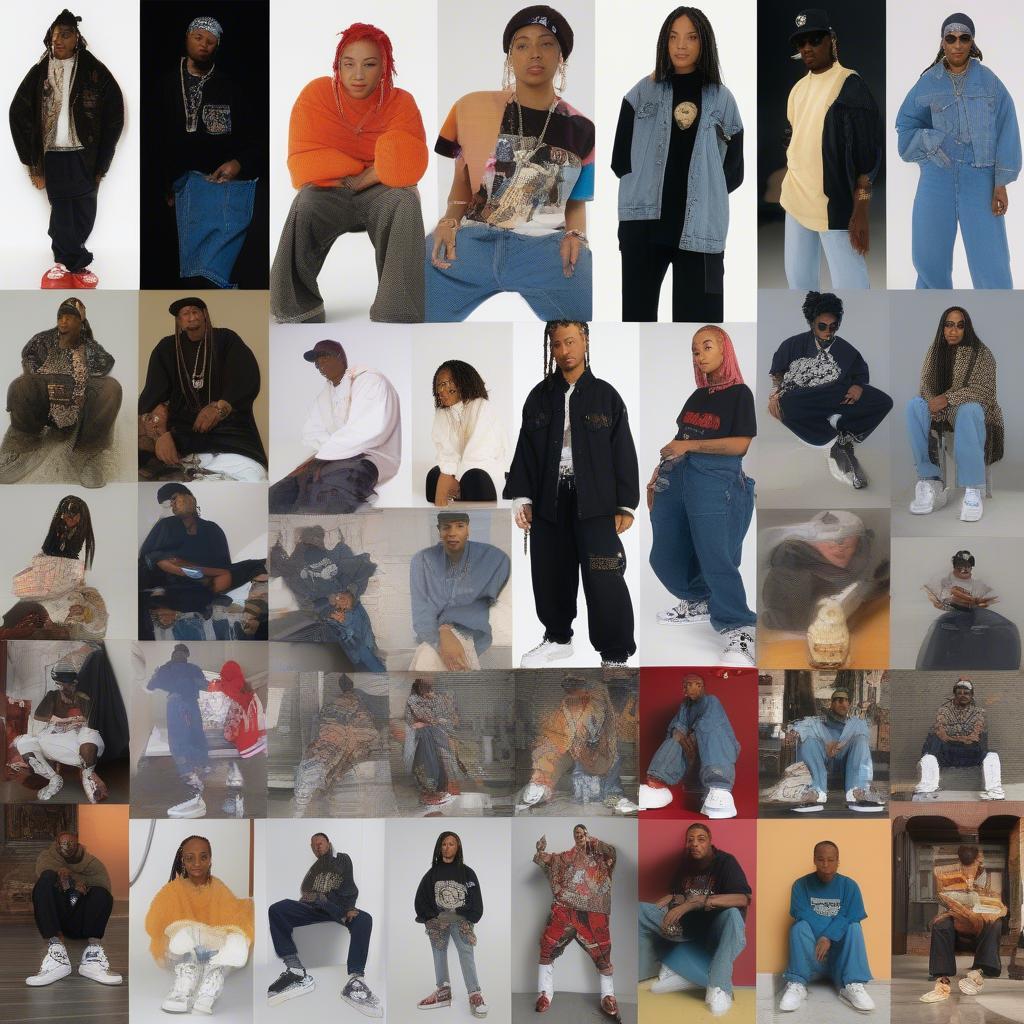 A collage showcasing popular hip-hop fashion trends in 1999