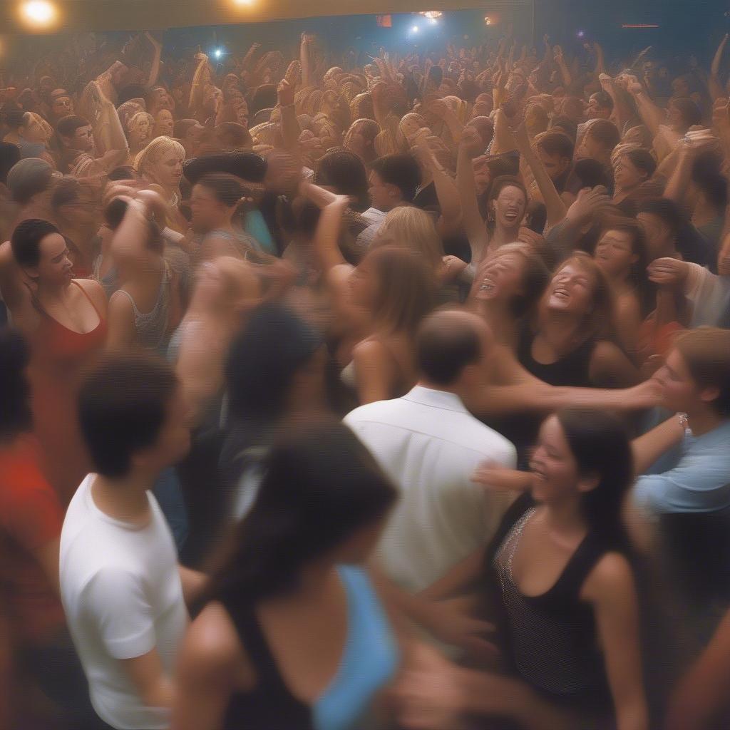 Dancing Crowd in 2003: A wide shot of a crowded dance floor with people moving to the music, highlighting the social and communal aspect of enjoying dance music.