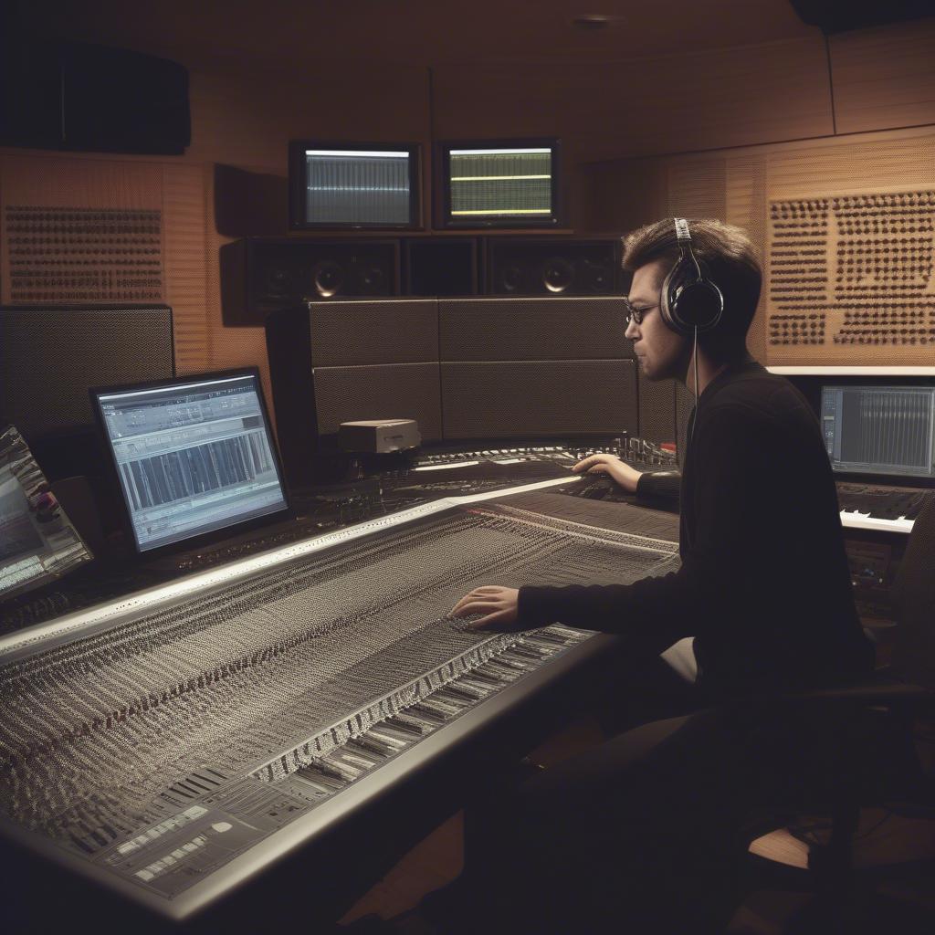 A DJ using mixing equipment in a recording studio