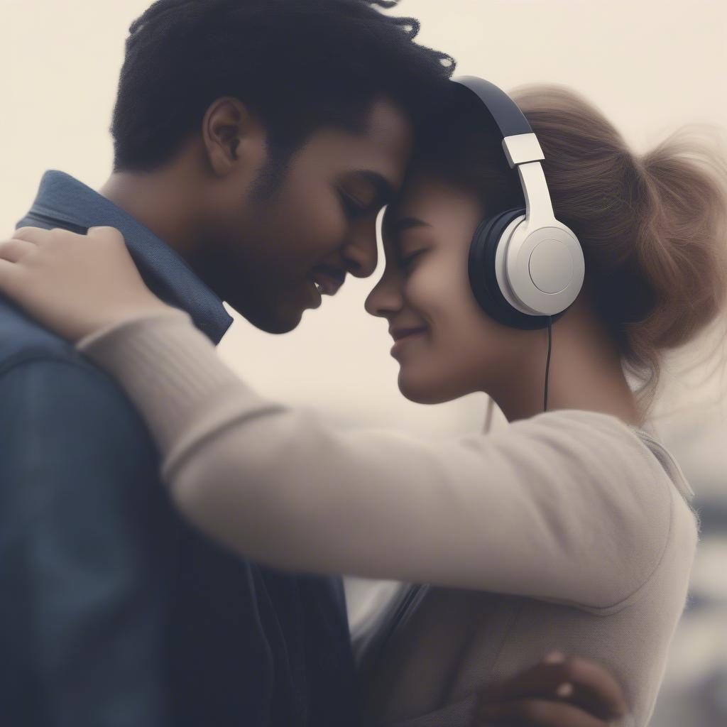 Couple Embracing While Listening to Music