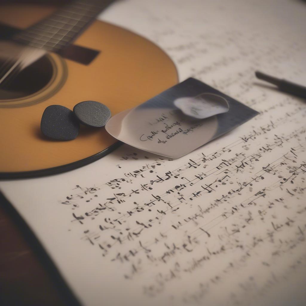 Image of a vinyl record with handwritten lyrics and a guitar pick emphasizing the importance of storytelling in country music