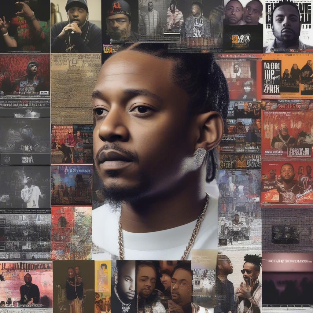 Hip-Hop's Impact on 2017 Music: Images of Kendrick Lamar performing, album covers from prominent hip-hop artists, and visualizations of streaming data.