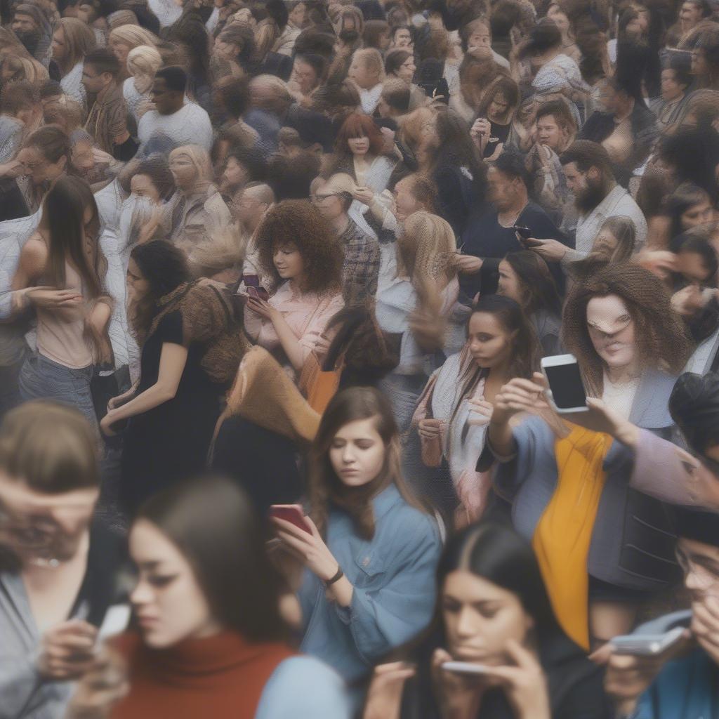 2018 Top Songs Cultural Impact: An image depicting a diverse group of people listening to music on their phones, representing the widespread influence of 2018's top songs on popular culture and social trends.