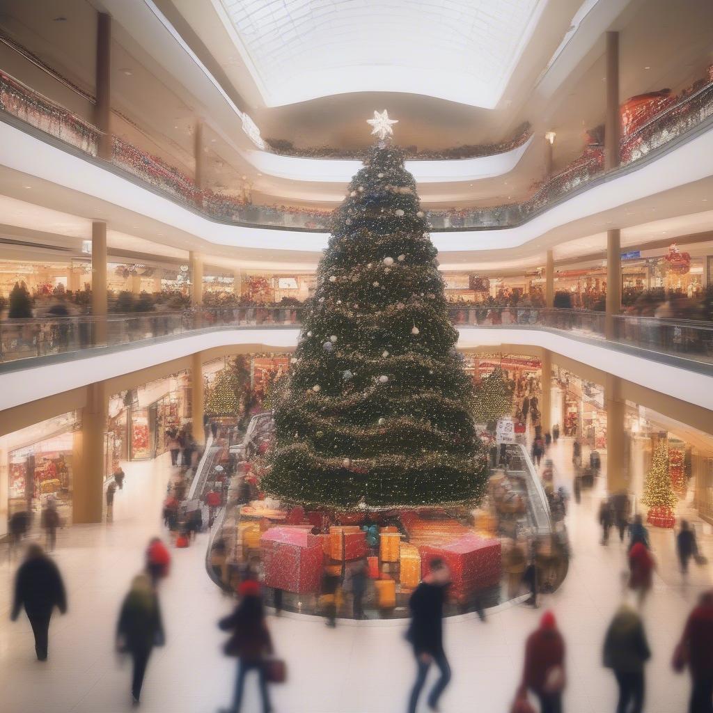 Christmas Decorations in a Shopping Mall with Christmas Music Playing