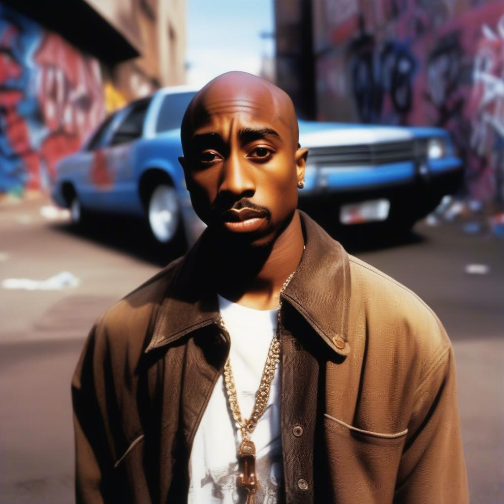 2Pac with a backdrop of urban decay and police presence, symbolizing the social issues addressed in "Changes"