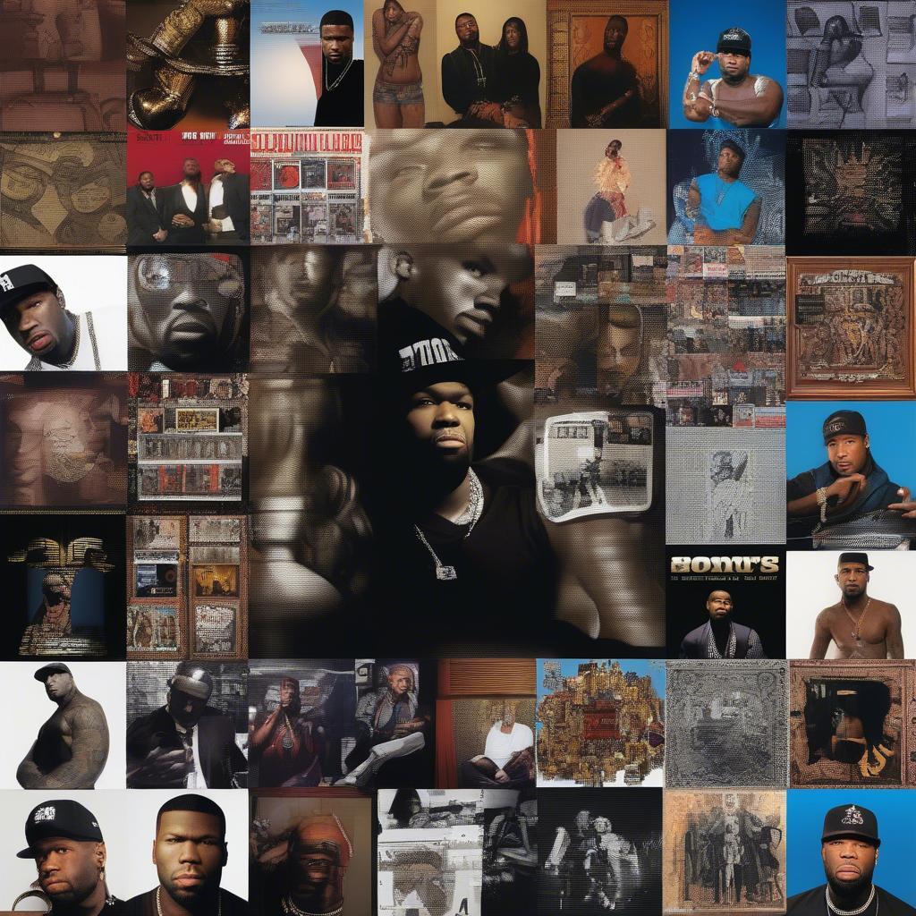 A collection of 50 Cent's album covers highlighting his artistic evolution and diverse musical styles.