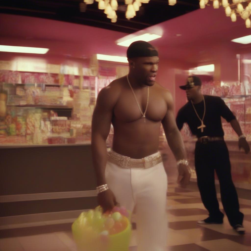 Image of 50 Cent and Olivia in the Candy Shop music video, highlighting the song's suggestive themes.