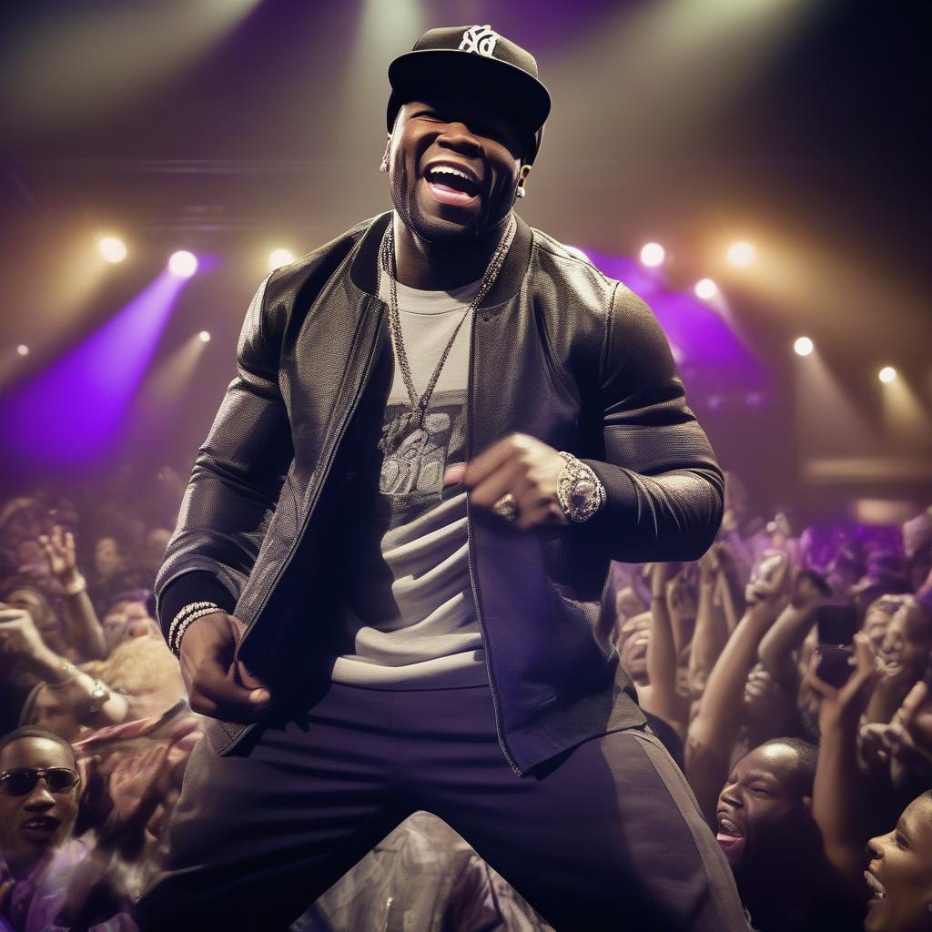 50 Cent performing live on stage, engaging with a roaring crowd.