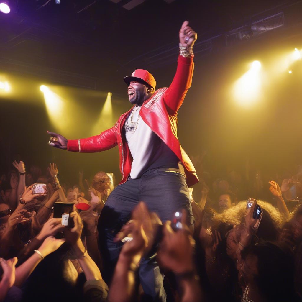 50 Cent captivating the crowd during a live performance with dynamic stage presence and energy.