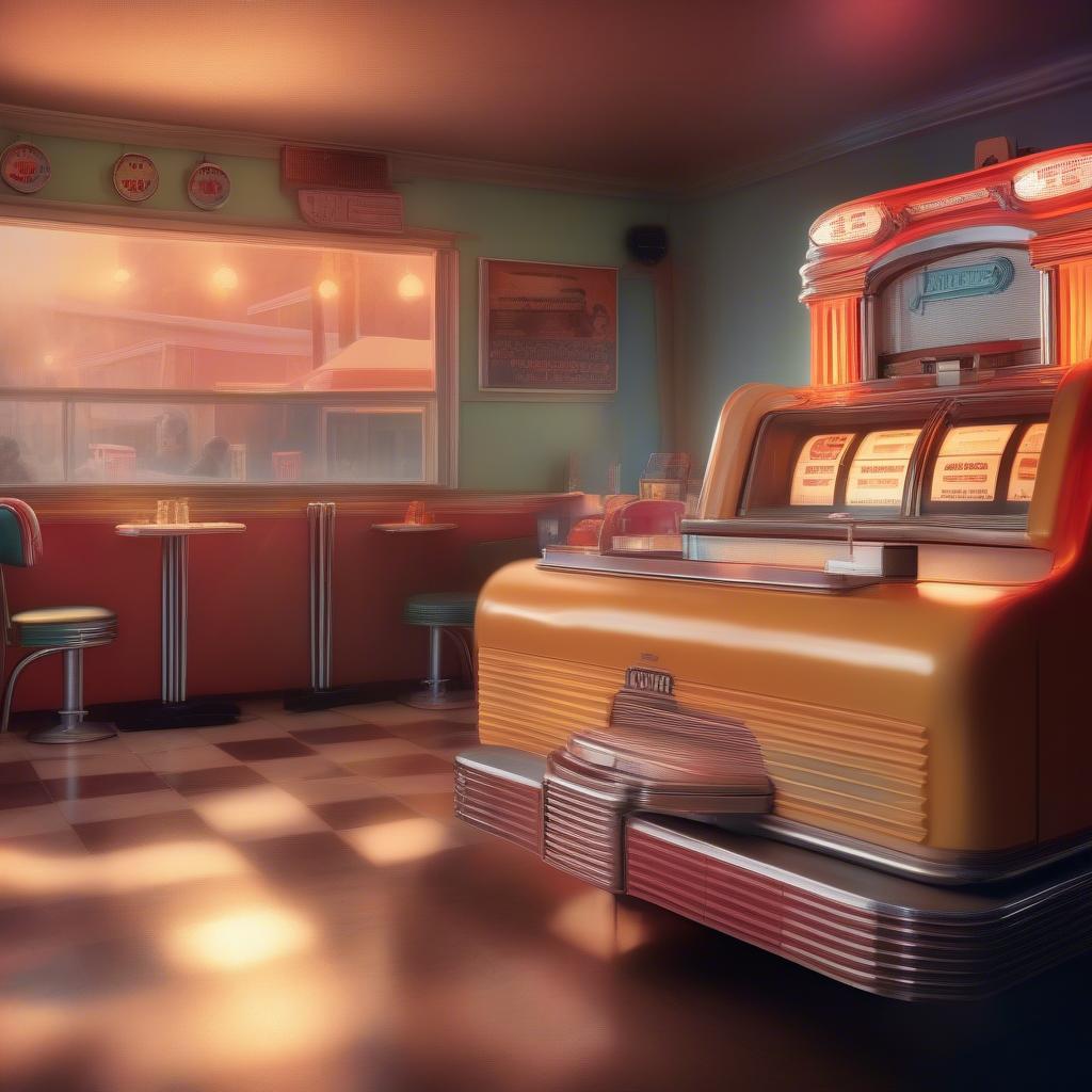 A vintage jukebox playing 60s love songs in a classic diner setting