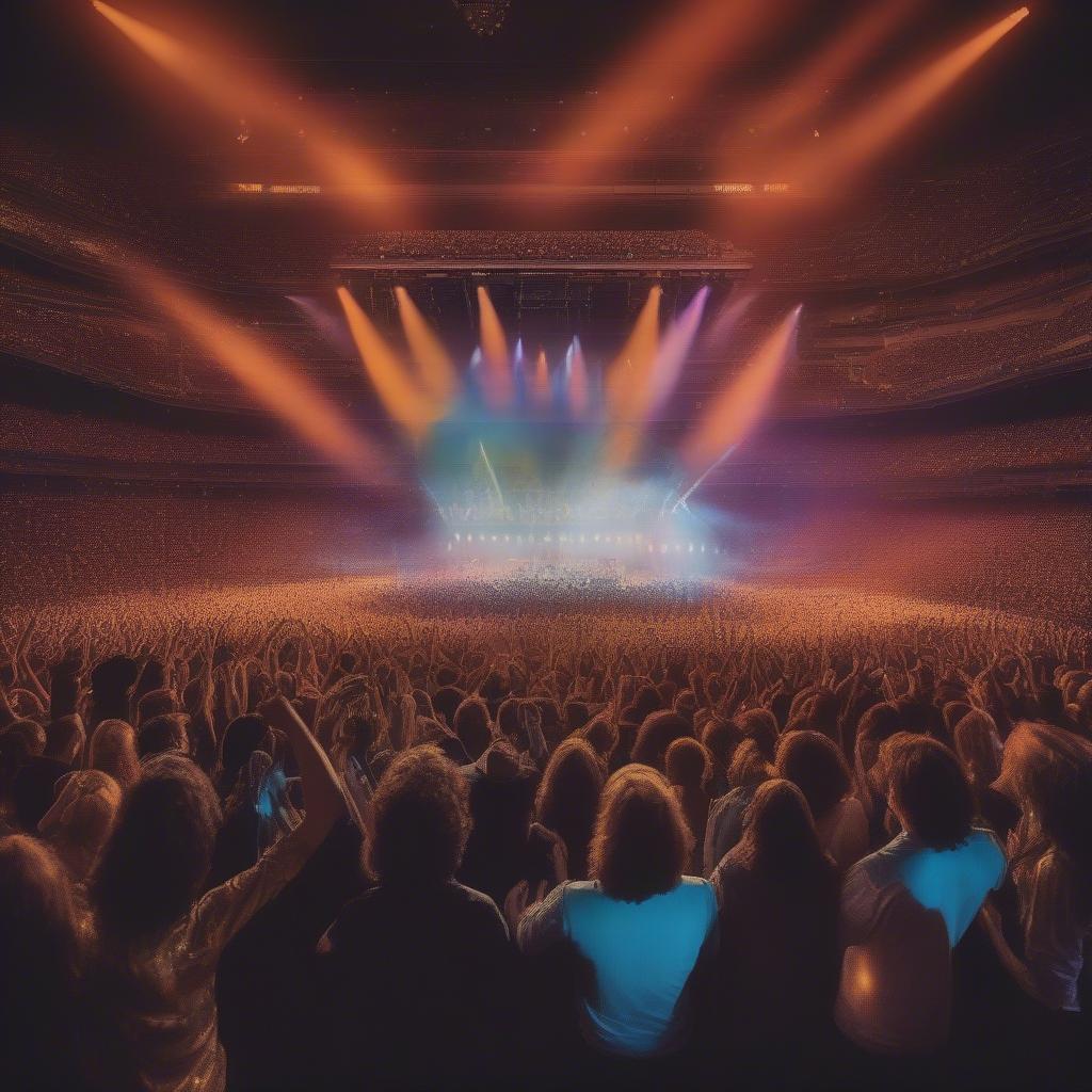 70s Rock Concert: A crowded stadium with fans cheering at a rock concert, highlighting the energy and excitement of live music in the 70s.