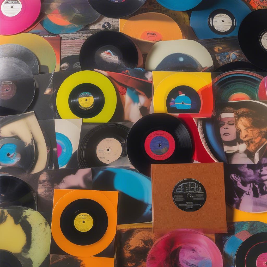 70s Vinyl Records: A collection of colorful vinyl records from the 1970s.