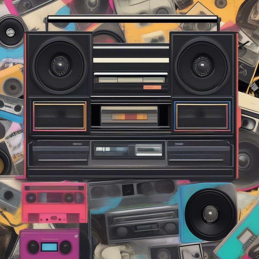 80s boombox and cassette tapes