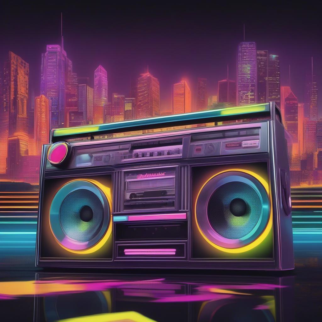 A boombox against a vibrant 80s cityscape, symbolizing the era's music.