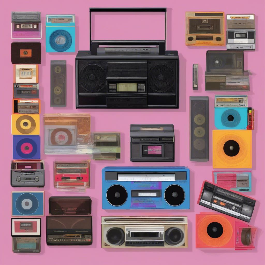 Image of a collection of colorful cassette tapes stacked next to a classic 80s boombox. 