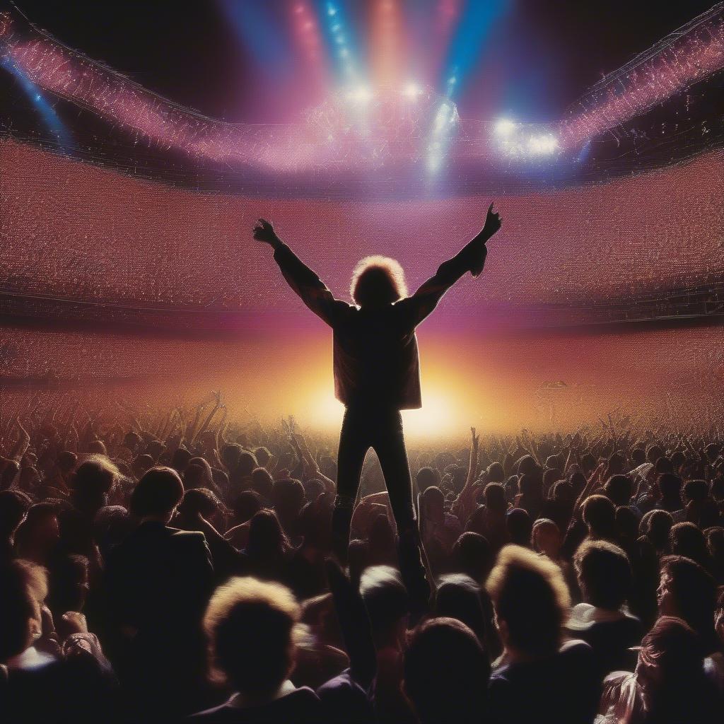 Cheering Crowd at an 80s Concert with Lights and Special Effects