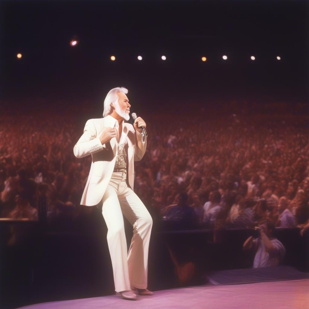 Kenny Rogers performing on stage during a vibrant 80s country music concert.