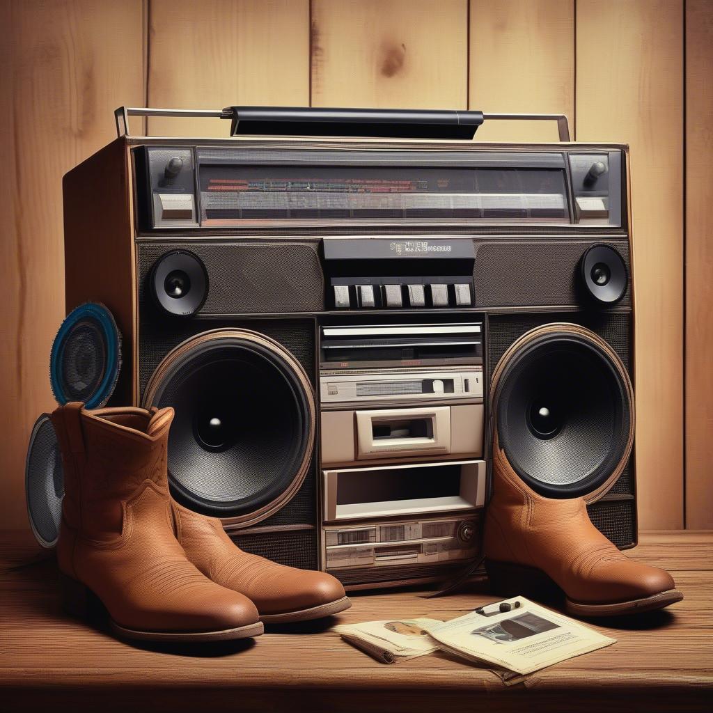 A vintage boombox playing a cassette tape, with the title "80s Country Love Songs" visible on the cassette. The boombox sits on a wooden table next to a pair of cowboy boots, evoking a nostalgic image of 80s country music culture.