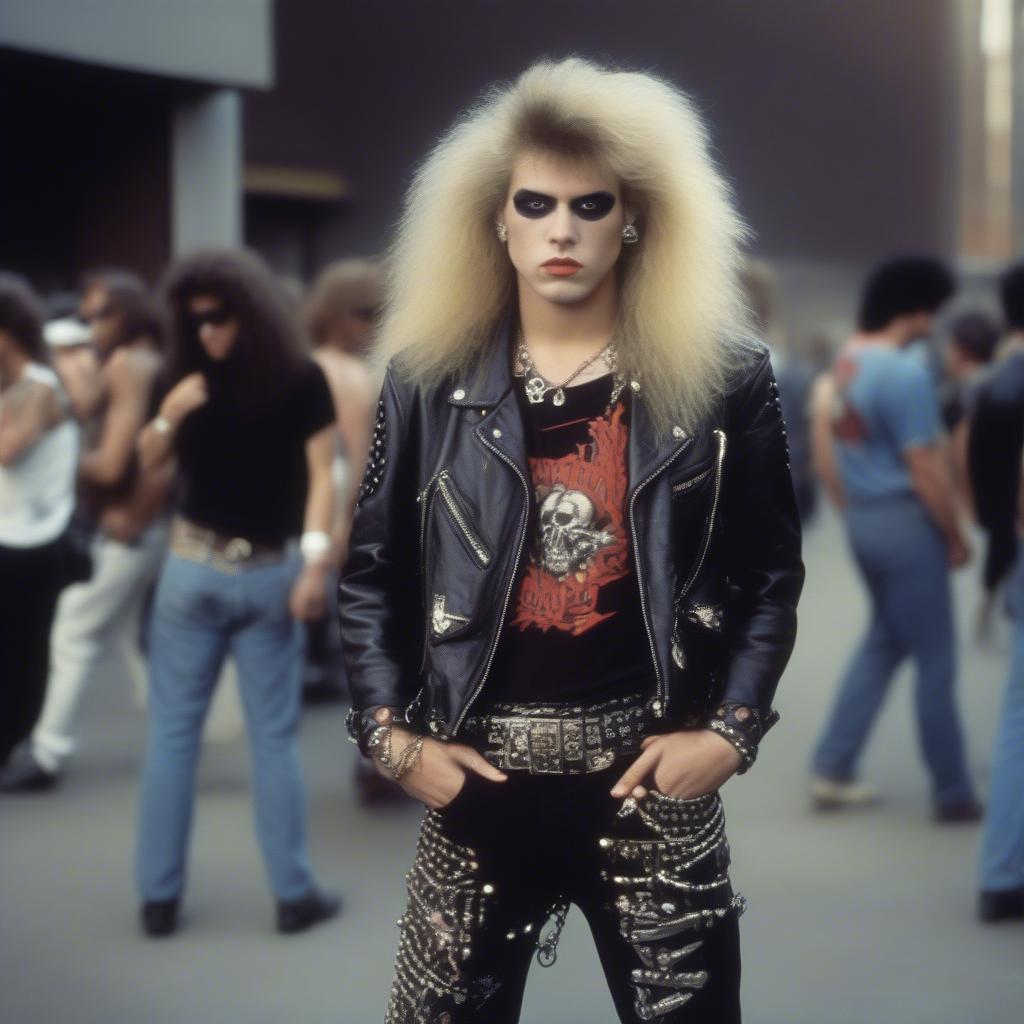 People dressed in typical 80s heavy metal fashion