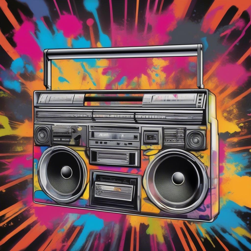 A boombox and graffiti art representing 80s hip-hop culture.