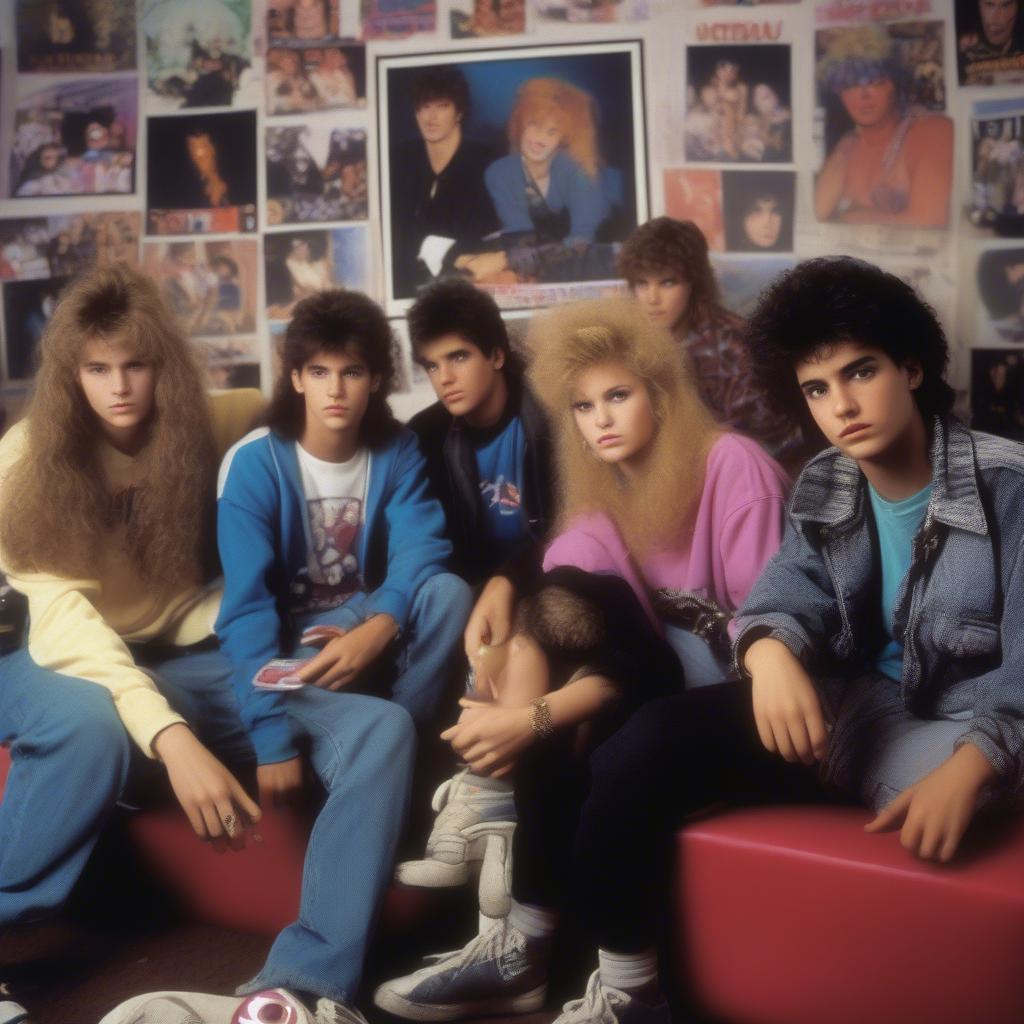 80s MTV Influence: A group of teenagers watching MTV on a television, highlighting the impact of music videos on youth culture.