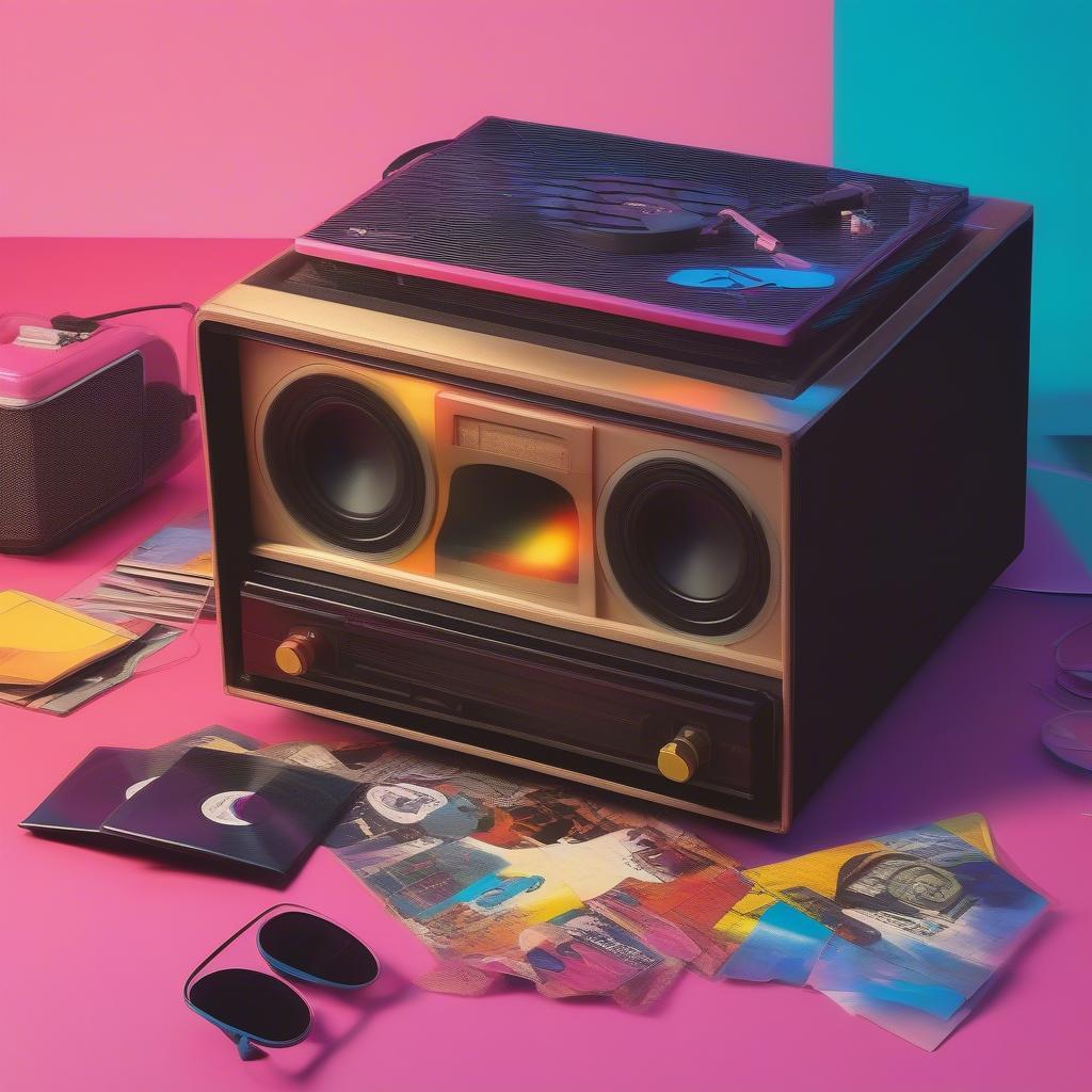 A vinyl record playing on a record player with 80s memorabilia around