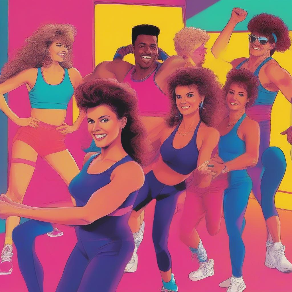 Group exercising in 80s attire