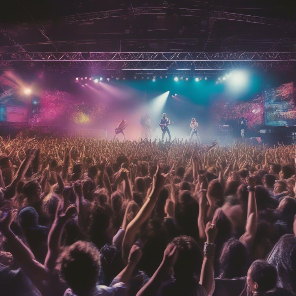 80s Rock Band Performing Live on Stage with Energetic Crowd