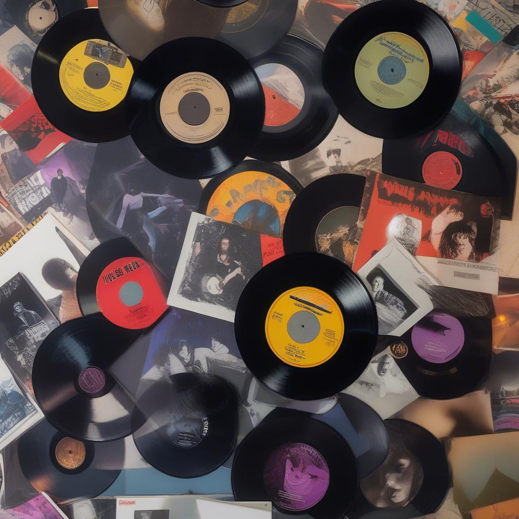 80s Rock Vinyl Record Collection: A collection of vinyl records from popular 80s rock bands.