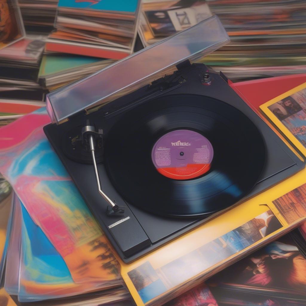 A vinyl record player and records, representing 80s music.