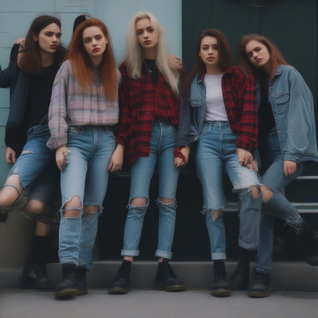 A group of friends in 90s grunge fashion, representing the style of the era.