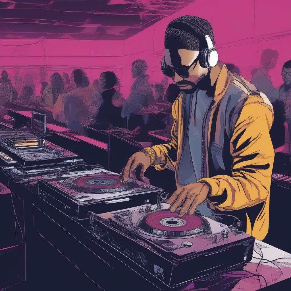 90s Dance Music Legacy: A DJ playing vinyl records in a modern club setting, blending classic 90s tracks with contemporary EDM.