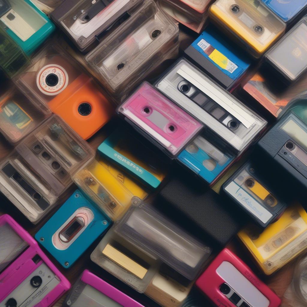 Cassette tapes and a Walkman representing the popular music format of the 1990s.